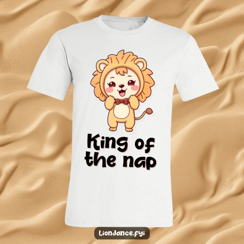 Funny t-shirt with a cute character inside a lion costume doing a cute, playful bow, showcasing endearing humor.