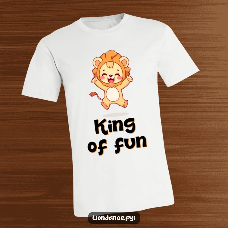 Funny t-shirt with a cute character in a lion costume playfully leaping with joy, perfect for showing personality.
