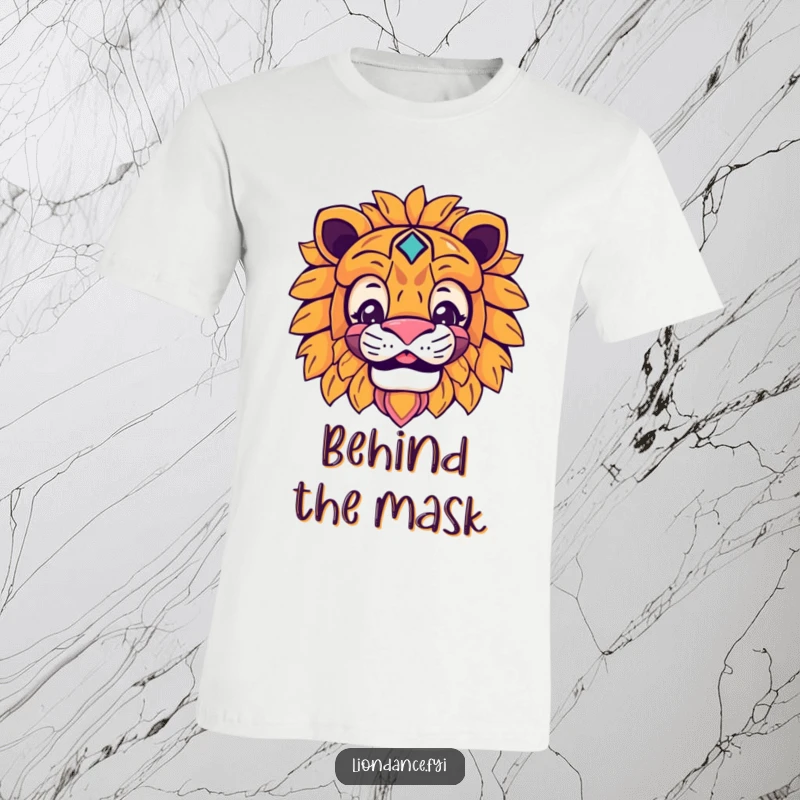 Funny lion mask t-shirt featuring a smiling character peeking from behind a vibrant lion mask, a fun graphic tee.