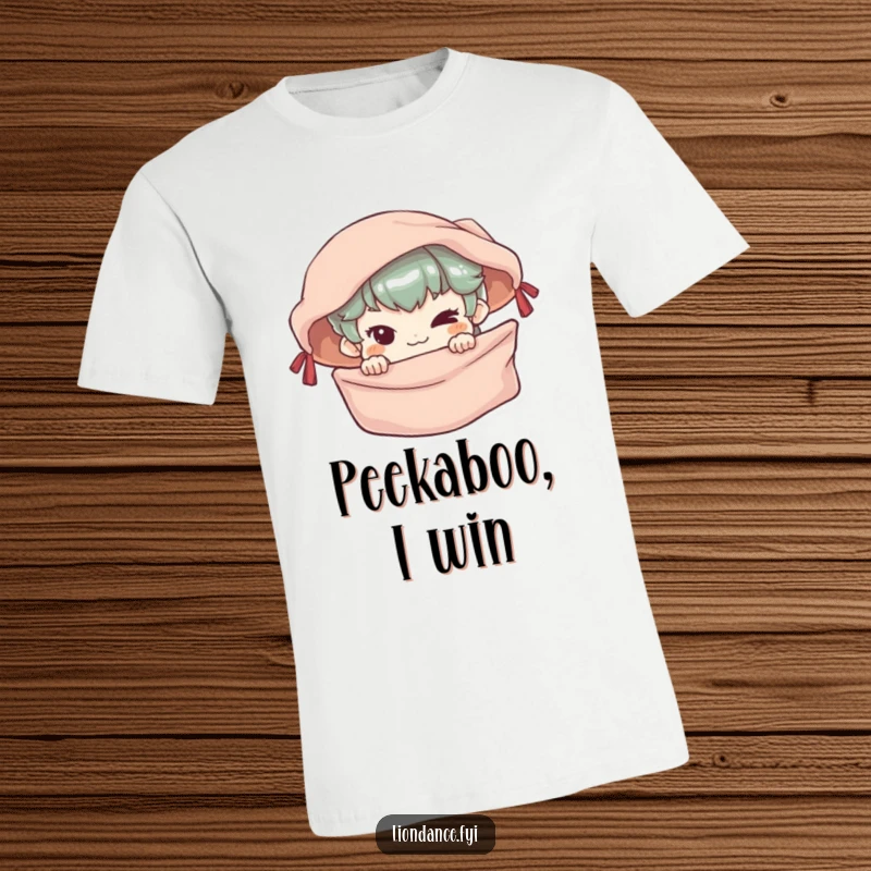 Funny T-Shirt showing a small character with a cheeky grin, peeking from behind a silken banner.