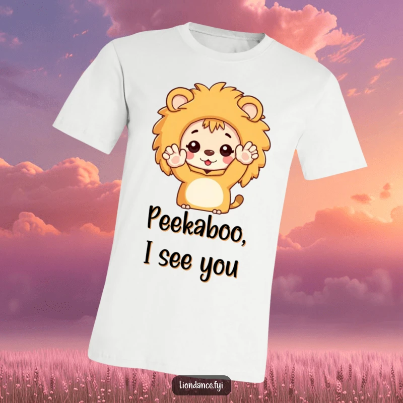 Funny t-shirt showing a character peeking from a lion costume and waving energetically, expressing pure joy.