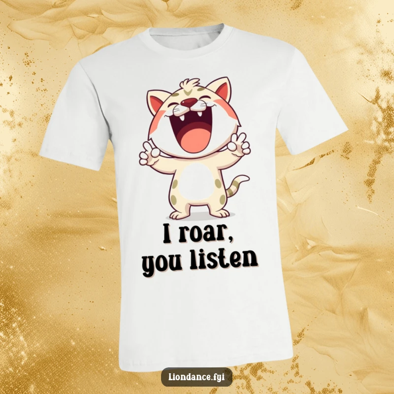 Funny t-shirt with a happy cartoon character dramatically simulating a roar with big, energetic gestures, full of playful power.