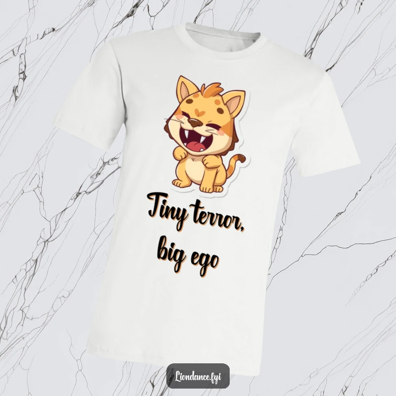 Funny t-shirt of a small character giving a cheeky wink while attempting a ferocious roar, full of playful defiance.