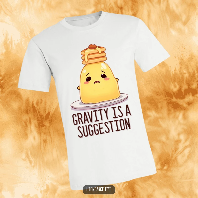 Funny Jelly T-Shirt showcasing a bewildered blob of jelly precariously balancing a stack of pancakes on its head.
