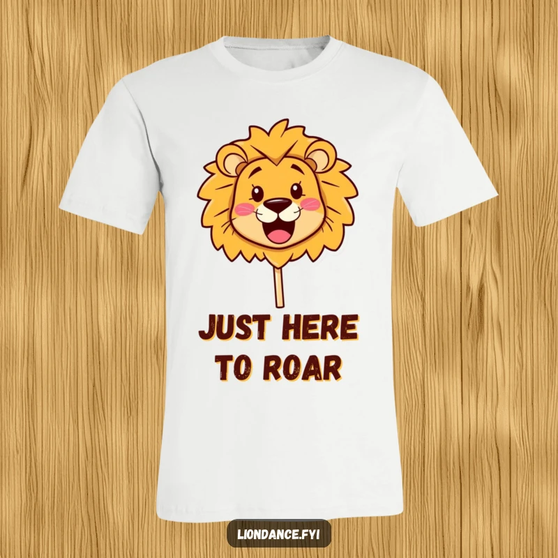 Funny T-Shirt showcasing a cute lion head prop with a big, happy smile, looking around with playful curiosity, a great funny gift.