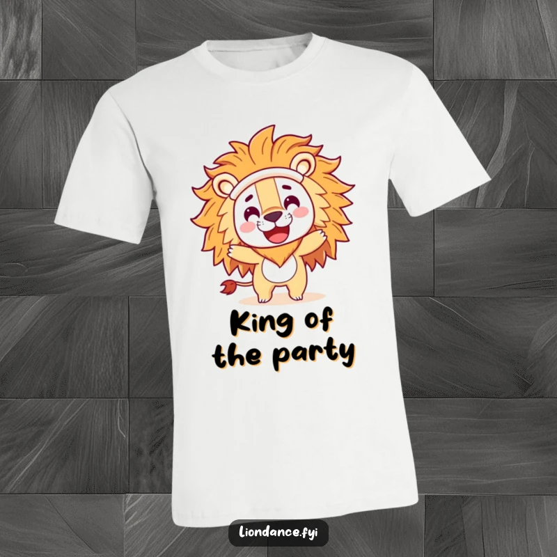 Funny t-shirt featuring a playful character wearing a large lion costume head, doing a happy spin, expressing carefree fun.