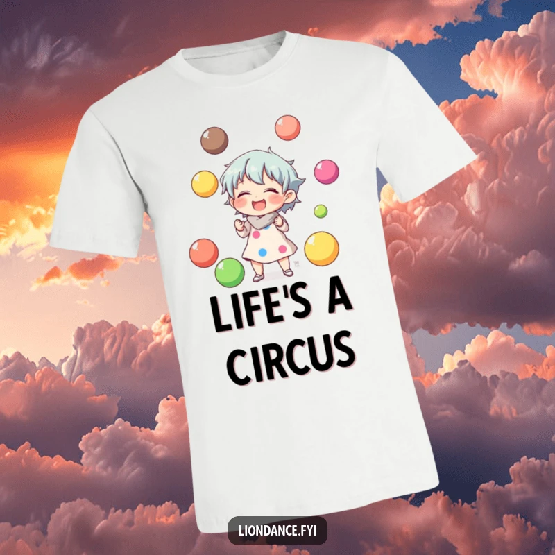 Funny t-shirt featuring a character laughing while juggling colorful balls, ideal for a humorous and joyful statement.