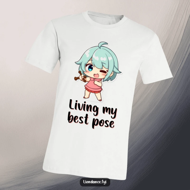 Funny t-shirt depicting a character striking a funny, exaggerated pose with a prop, showcasing theatrical and humorous expression.