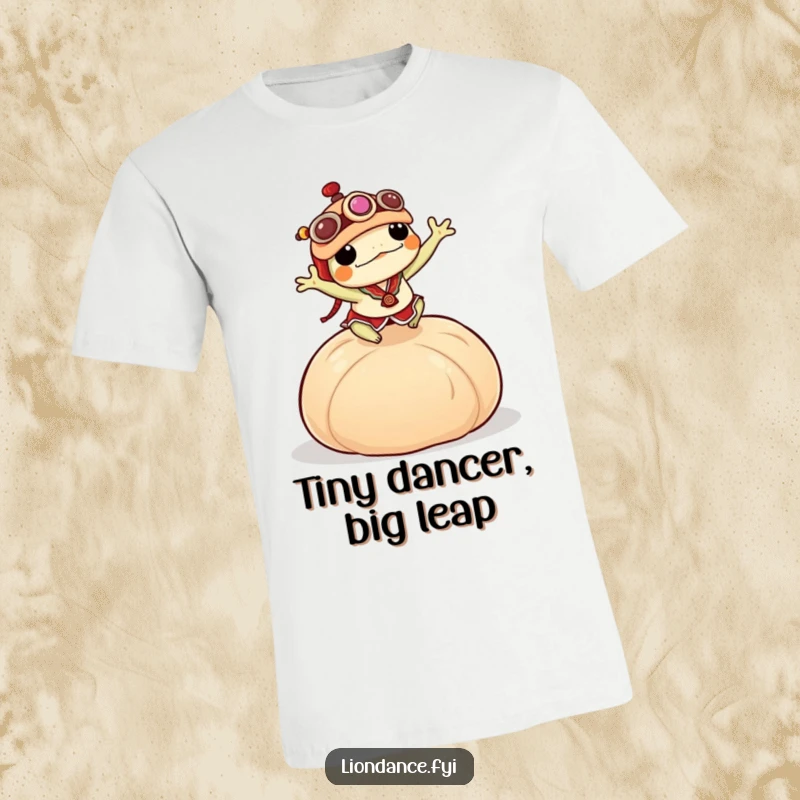 Funny frog wearing a tiny lion dance costume, mid-air as it leaps over a massive dumpling on a t-shirt.