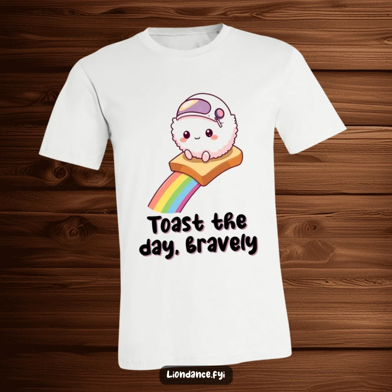 Funny t-shirt with a fluffy creature in a helmet sliding down a rainbow on toast, capturing pure joy.