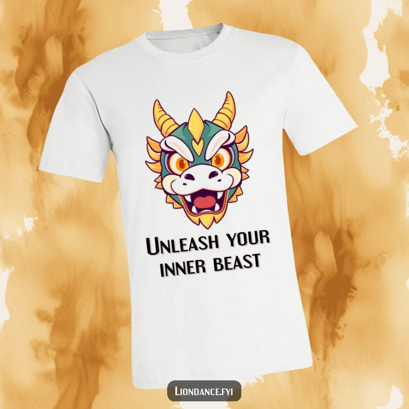Funny t-shirt design of a cute dragon mask with bright, glowing eyes playfully roaring, expressing fierce and humorous power.