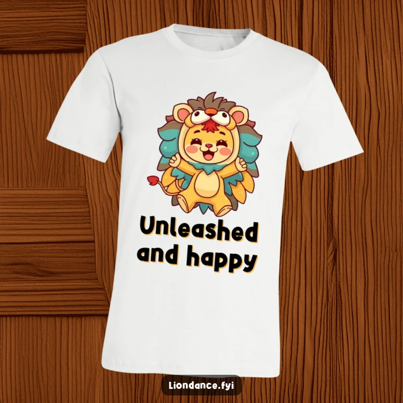 Funny t-shirt featuring a character performing a joyful leap, emerging from a colorful lion costume, symbolizing freedom and fun.