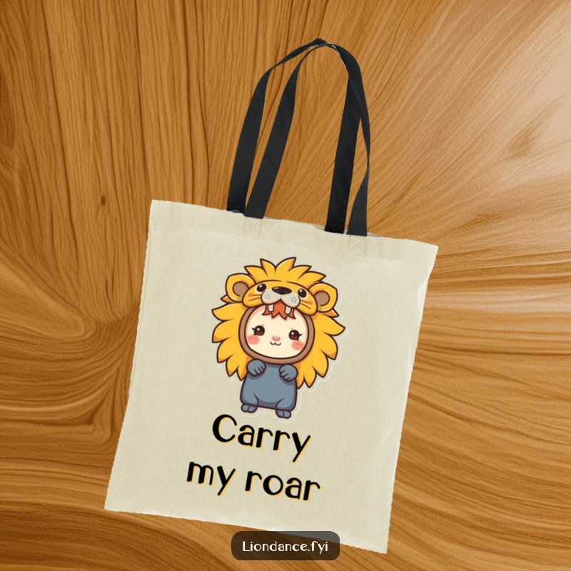 Funny tote bag featuring a character peeking from a colorful lion head costume, a whimsical and humorous accessory.