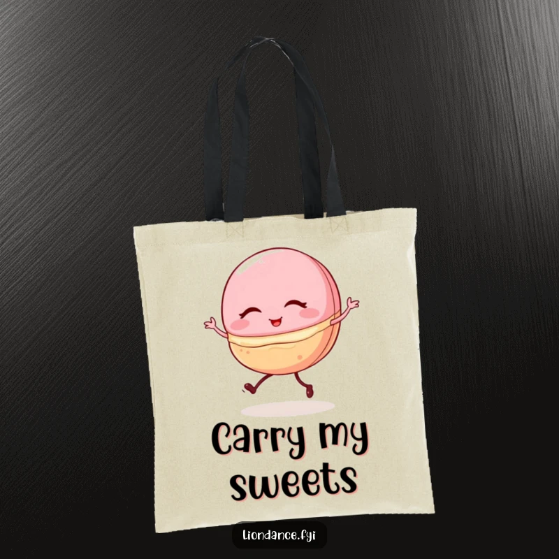 Funny tote bag featuring a winking macaron with tiny legs, shakily doing a ballet pirouette, a humorous and practical accessory.