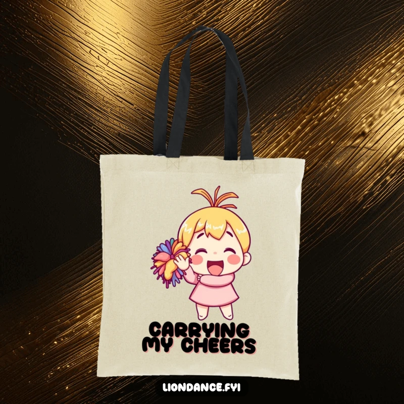 Funny tote bag featuring an energetic character enthusiastically waving a bright pom-pom, a cheerful and practical accessory.
