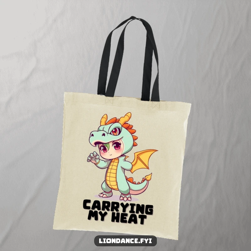 Funny tote bag with a character in a fiery dragon outfit striking a pose, perfect for stylish and humorous carrying.