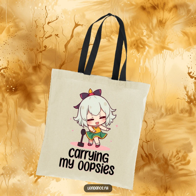 Funny tote bag illustrating a dancer comically tripping over a prop, a humorous and memorable dance move gone wrong.