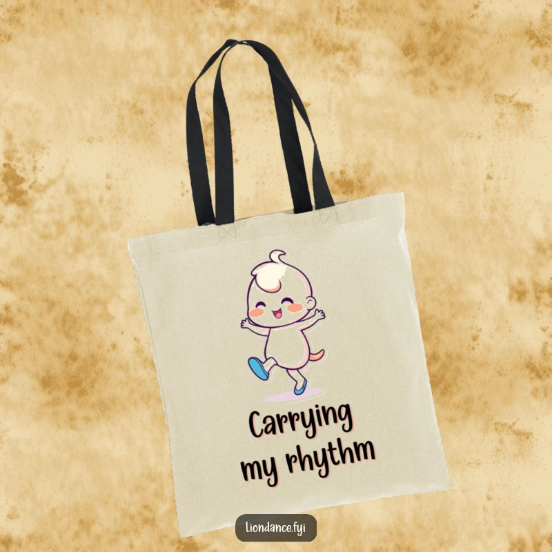 Funny Tote Bag: Cheerful character tapping its foot in a lively, rhythmic dance, exuding joy and a playful, dancing spirit.
