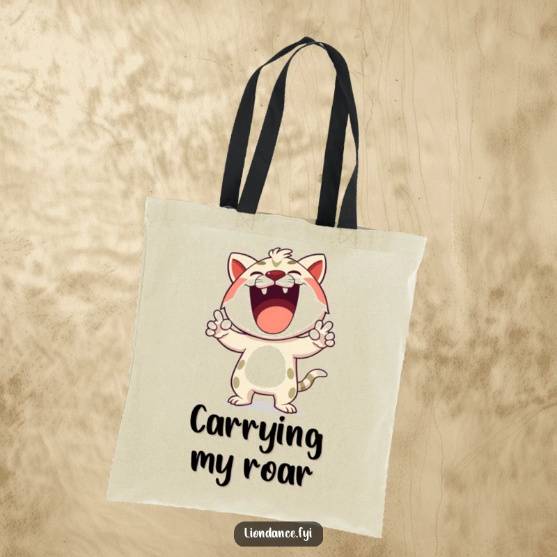 Funny tote bag with a happy cartoon character making exaggerated roaring gestures, symbolizing powerful expression and fun.