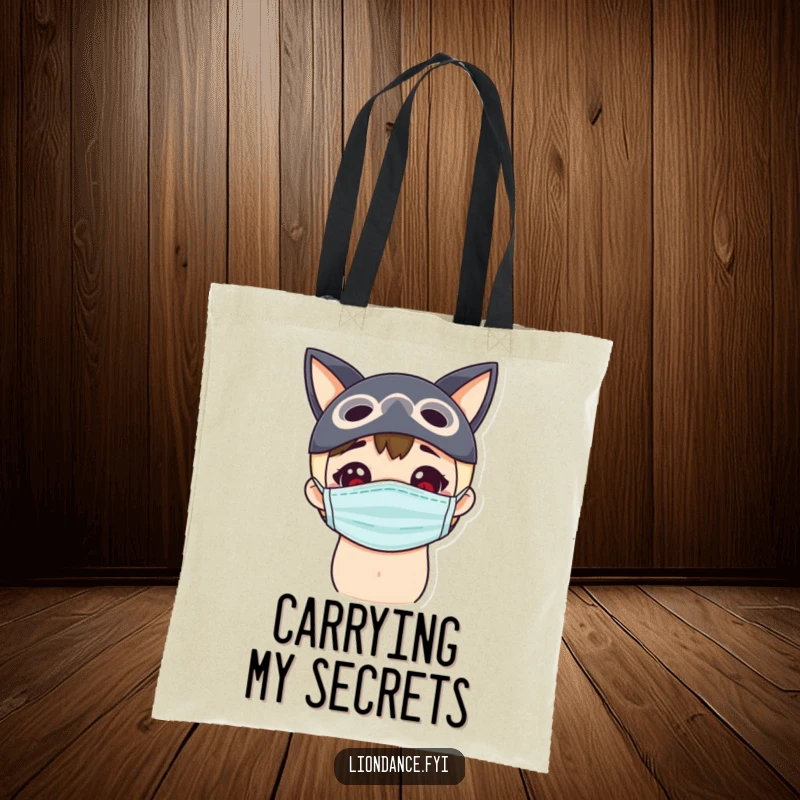 Funny curiosity tote bag featuring a delighted character peeking from behind a mask, perfect for carrying secrets.