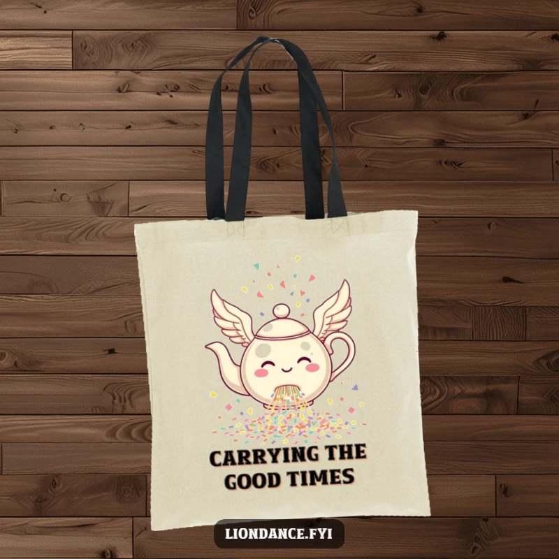 Funny Winged Teapot Tote Bag featuring a cheerful teapot with wings pouring a delightful cascade of confetti.