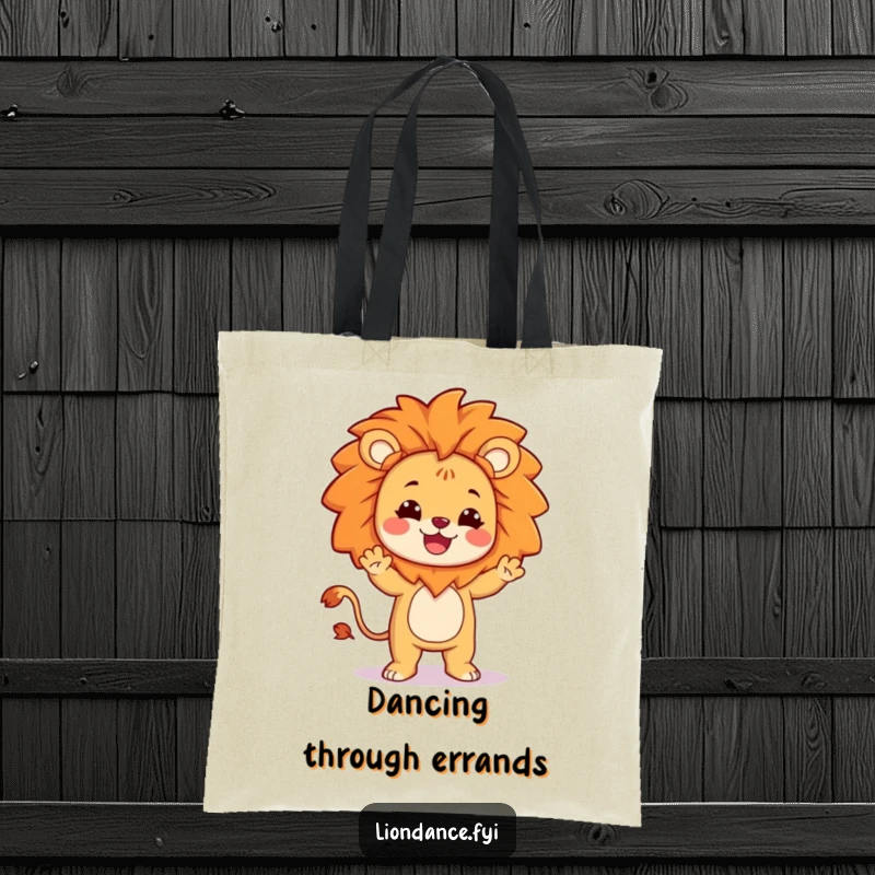 Funny tote bag featuring a character dressed as a lion doing a silly, infectious dance, perfect for dance lovers.