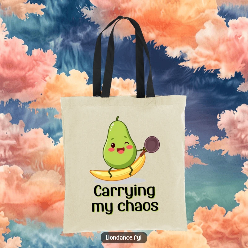 Funny avocado with tiny legs slipping on a banana peel while holding a wok, shown on a tote bag.