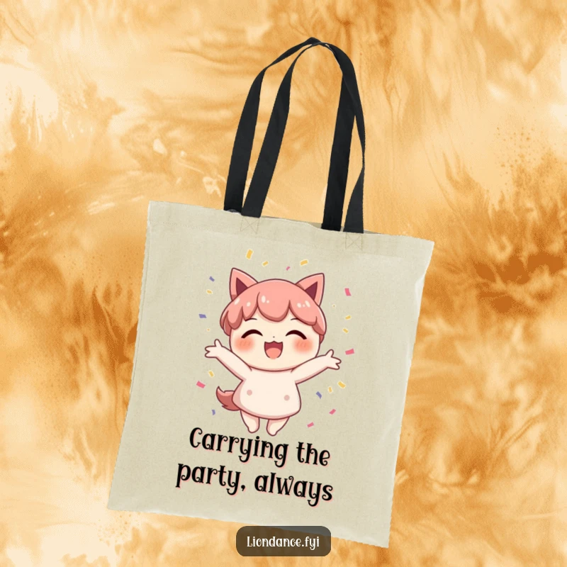 Funny confetti character tote bag showing a delighted figure beaming with a smile while scattering a shower of colorful confetti.
