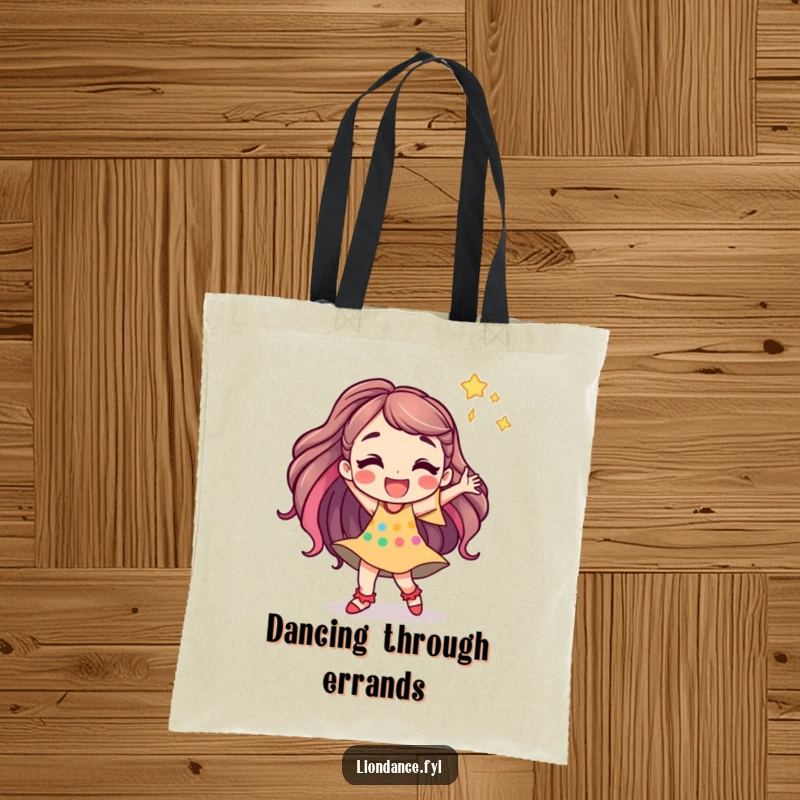Funny tote bag with a jubilant cartoon character dancing energetically, symbolizing joy, movement, and a vibrant spirit.