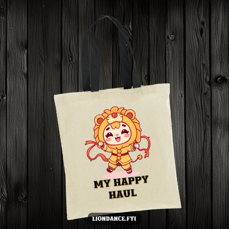Funny character dancing with flowing ribbons and a lion costume on a tote bag, a practical and festive accessory.
