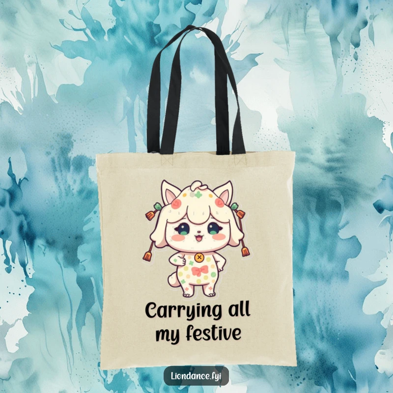 Funny tote bag with a proud character in festive patterns, symbolizing holiday spirit and carrying capacity. Ideal funny gift.