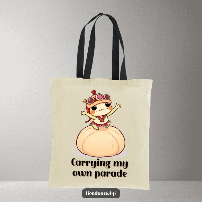 Funny frog in a lion dance costume performing an epic leap over a colossal dumpling on a durable tote bag.