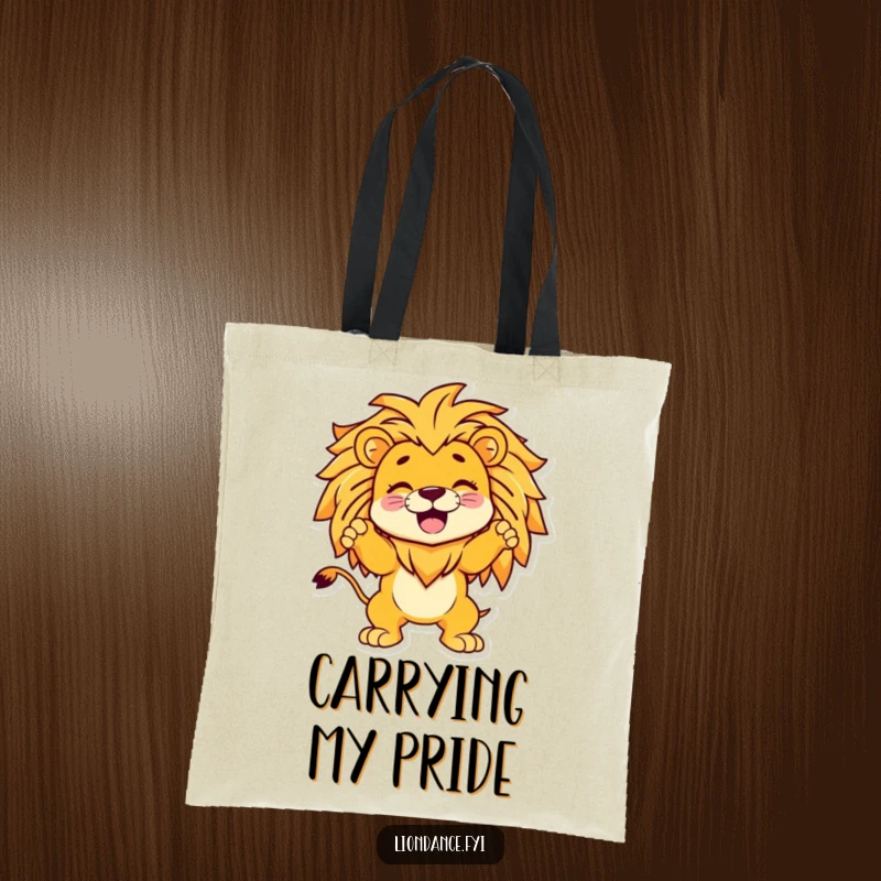 Funny tote bag featuring a delighted cartoon character striking a dramatic pose inside a lion's graphic, perfect for carrying fun.