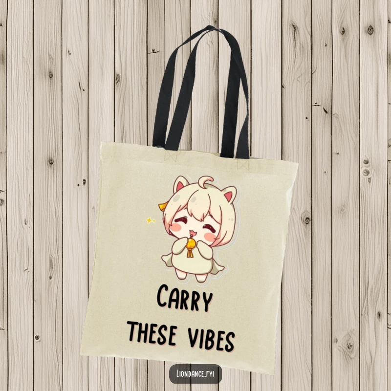 Funny Tote Bag with a character playfully shaking a jingling prop, great for errands and spreading cheer.