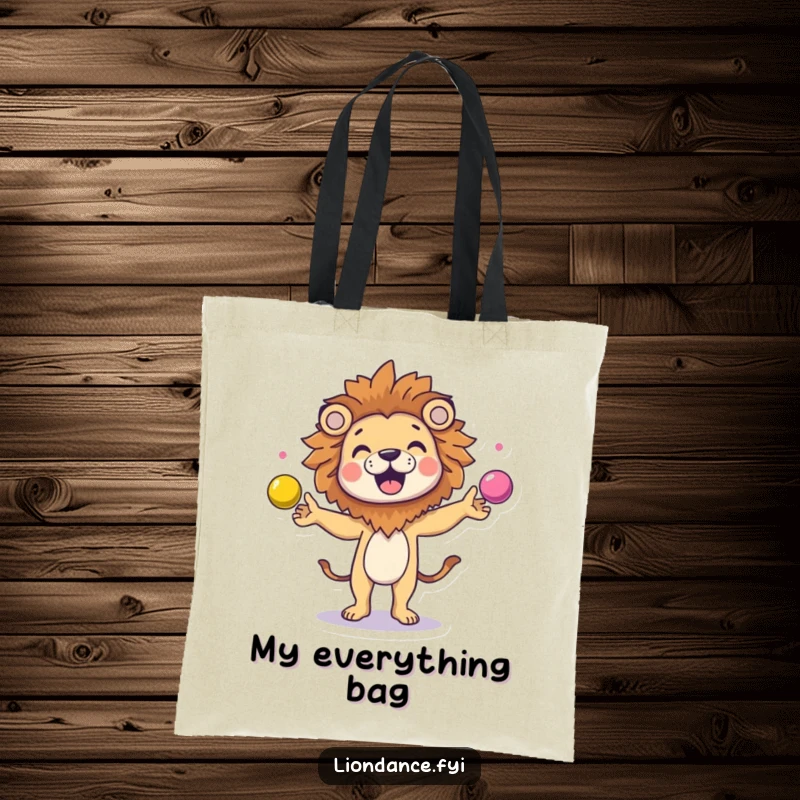 Funny character in a lion head costume juggling colorful balls on a tote bag, a practical and humorous accessory.