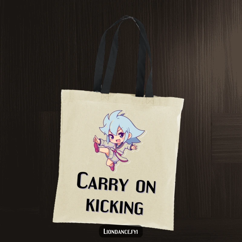Funny tote bag featuring a character performing a strong kick, designed for carrying items with a dose of action.