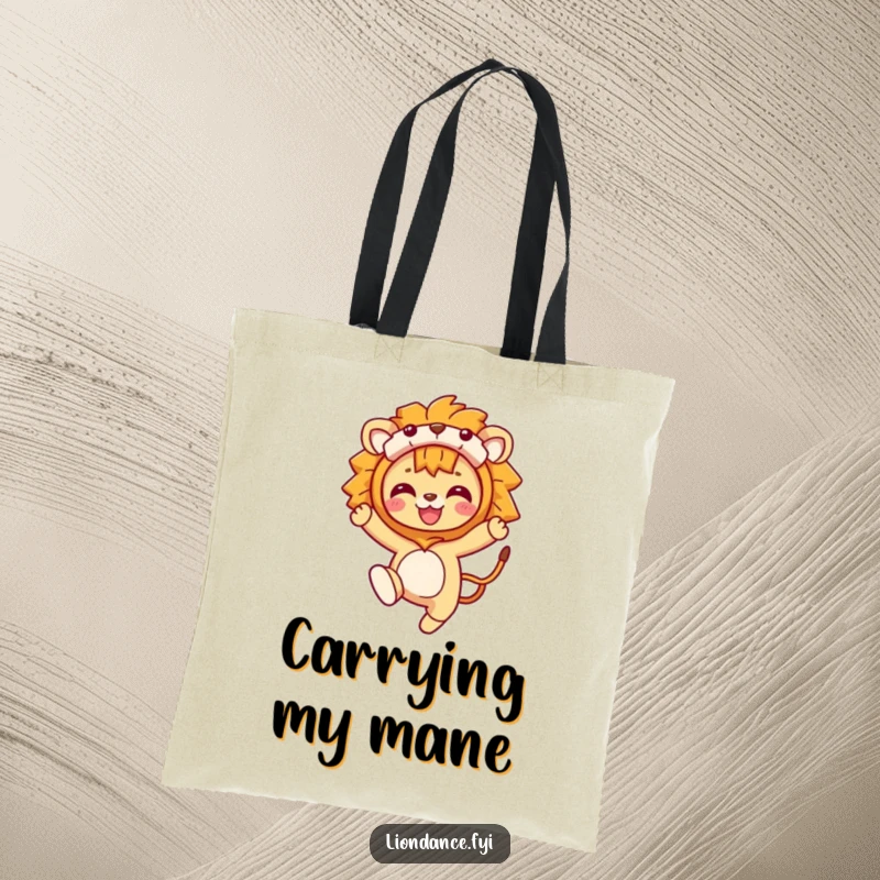 Funny Tote Bag: A character leaping dynamically in a lion costume, showcasing wild spirit and playful energy. Perfect for shopping or carrying gear.
