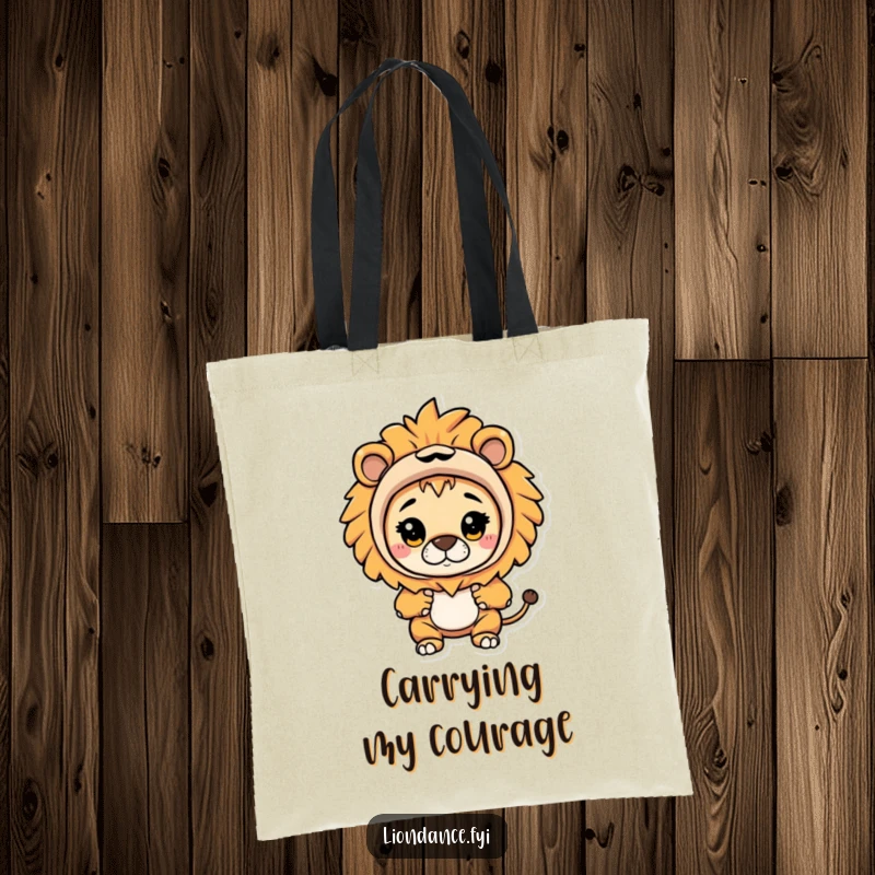 Funny tote bag with a character in a lion costume curiously peeking out, perfect for stylish and humorous carrying.