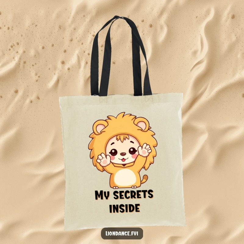 Funny tote bag depicting a character peeking from a lion costume and waving enthusiastically, a delightful sight.