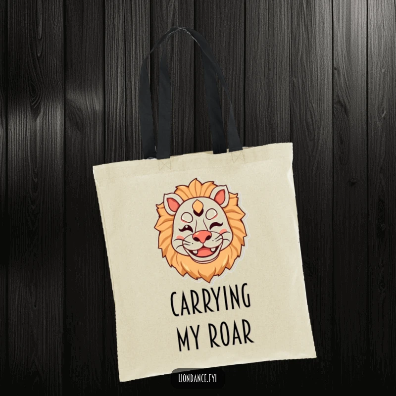 Funny tote bag showcasing a cute lion mask character winking with a big smile, perfect for shopping and everyday carry.