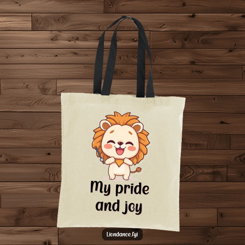 Funny tote bag featuring a joyful character posing playfully with a lion head prop, perfect for carrying daily items with humorous flair.