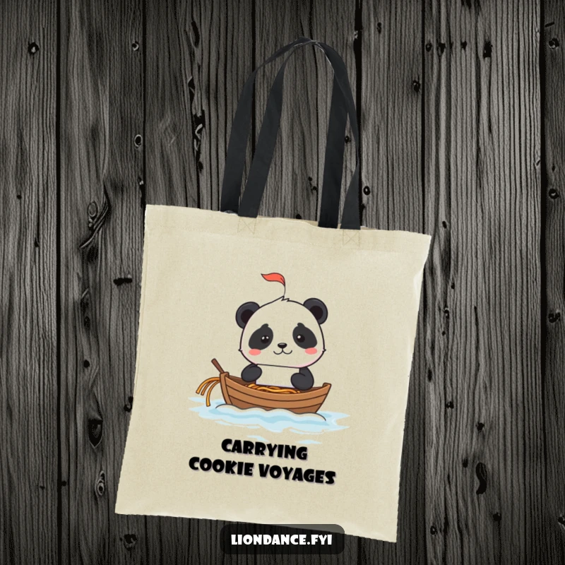 Mischievous panda using a fortune cookie as a tiny sailboat on a noodle ocean, shown on a tote bag.