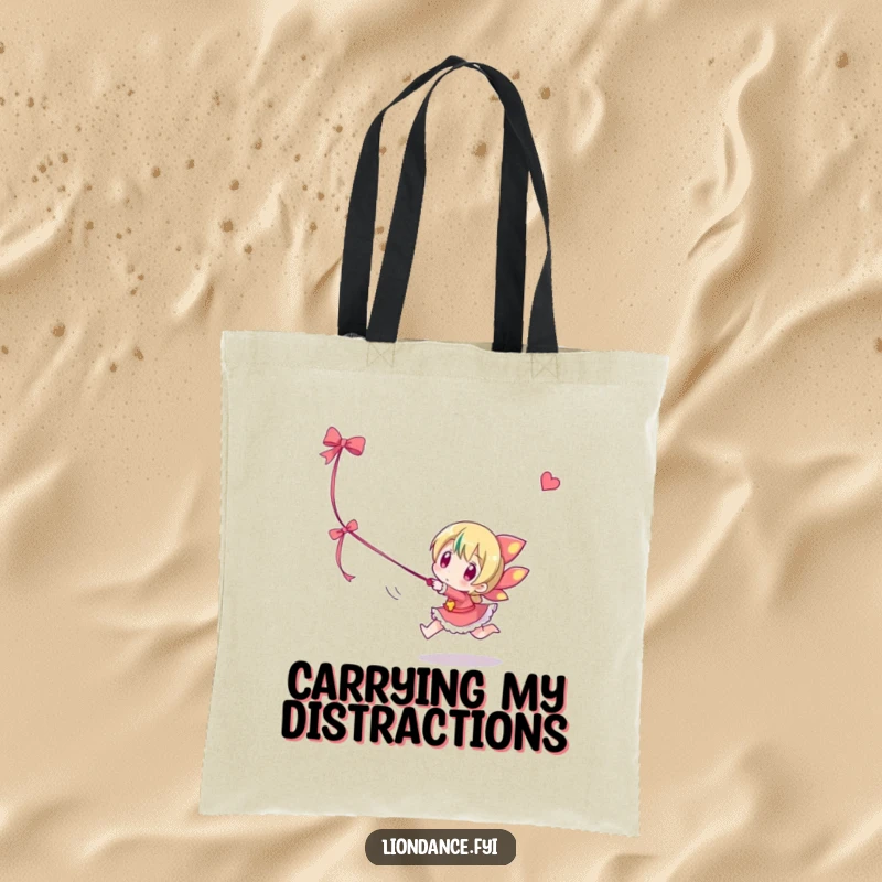 Funny tote bag showcasing a character playfully chasing a dangling ribbon, a humorous and practical accessory.