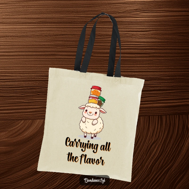 Funny sheep skillfully balancing a precarious stack of colorful spice jars on its head, shown on a tote bag.