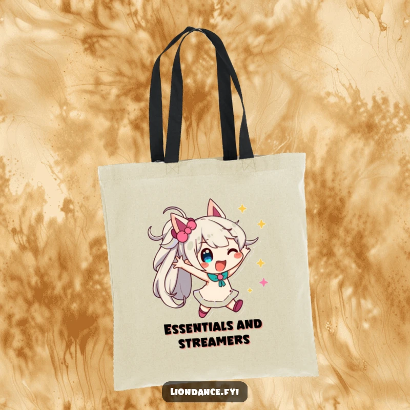 Funny streamer fun tote bag showcasing a playful character in a dynamic pose with streamers, perfect for daily use.