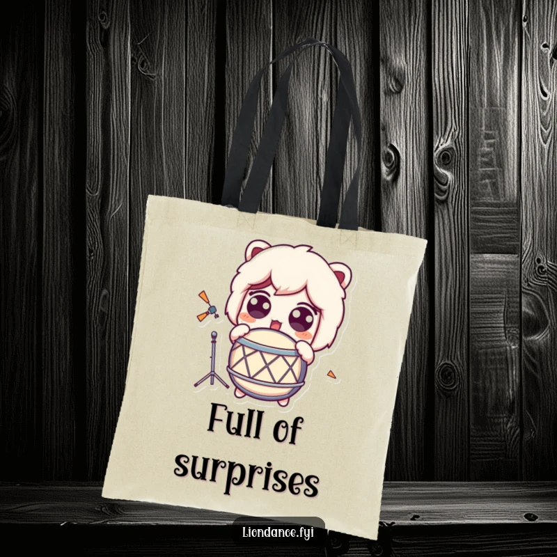 Funny Tote Bag featuring a character with wide, surprised eyes, reacting dramatically to a loud drum.
