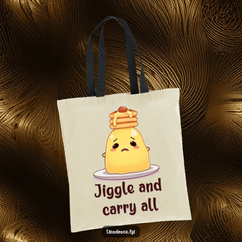 Funny Jelly Tote Bag depicting a bewildered blob of jelly struggling to balance a tall stack of pancakes on its head.