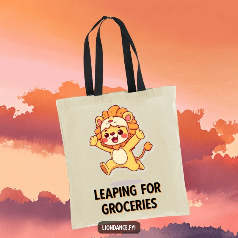 Funny Tote Bag showcasing a character in a vibrant lion costume in an energetic leap, practical and fun, a unique funny gift.
