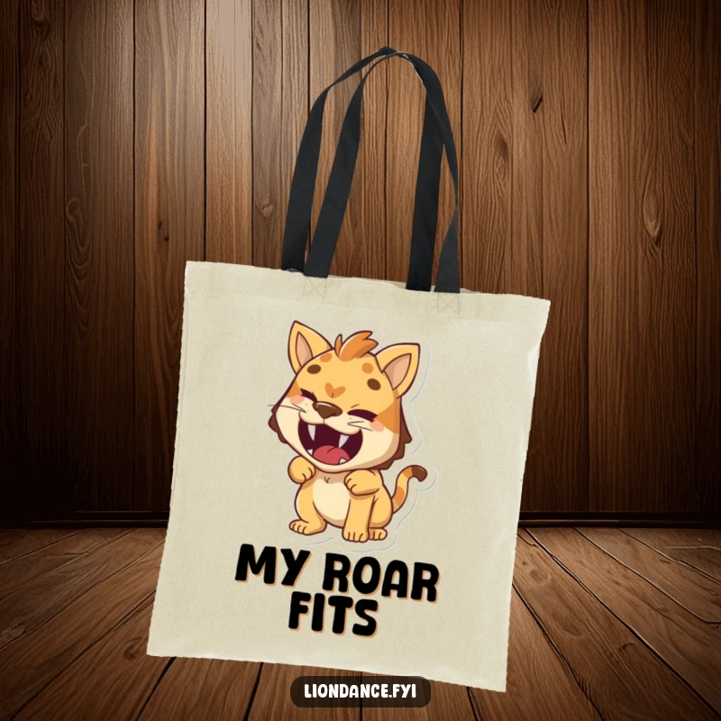 Funny tote bag showcasing a small character with a cheeky wink, pretending to roar, a humorous and practical accessory.