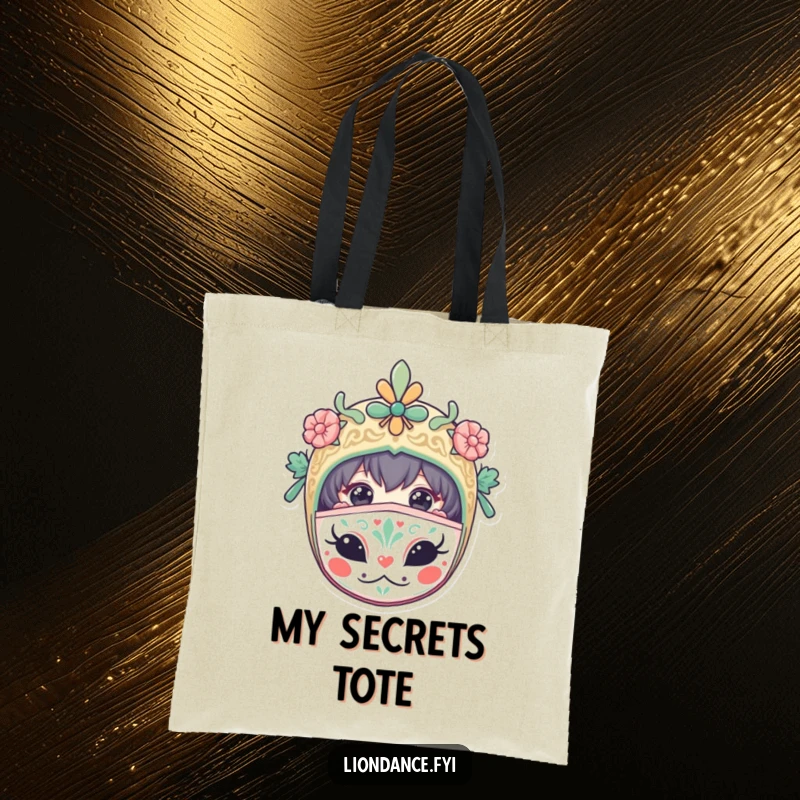 Funny tote bag with a curious character peeking from a decorated mask, a stylish and humorous way to carry essentials.